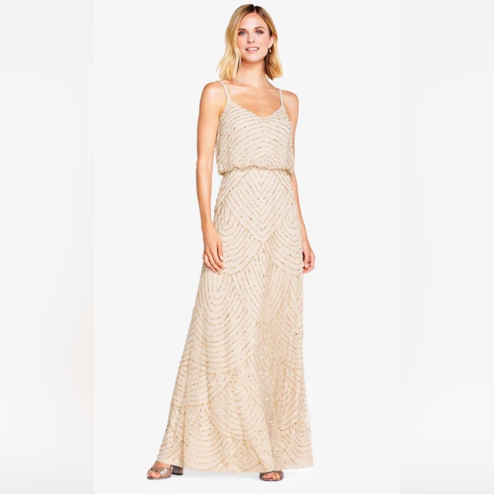 Adriana Papell Art Deco Beaded Blouson Gown in Champ Gold Size 2